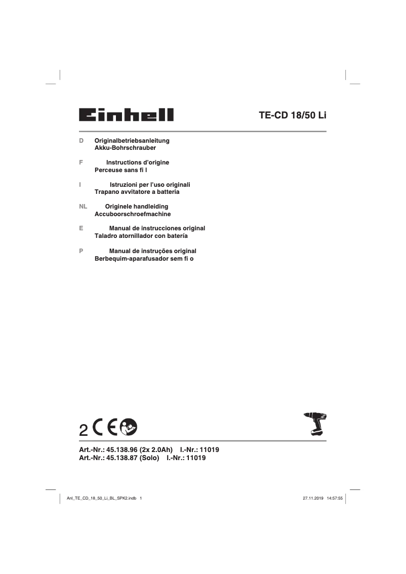 Page 1 de la notice Manuel utilisateur Einhell TE-CD 18/50 Li BL