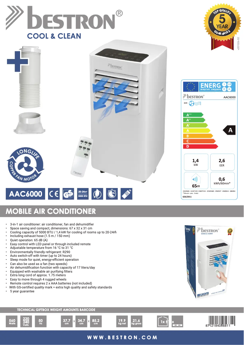 Page n°1 - Fiche technique Bestron Cool & Clean AAC6000