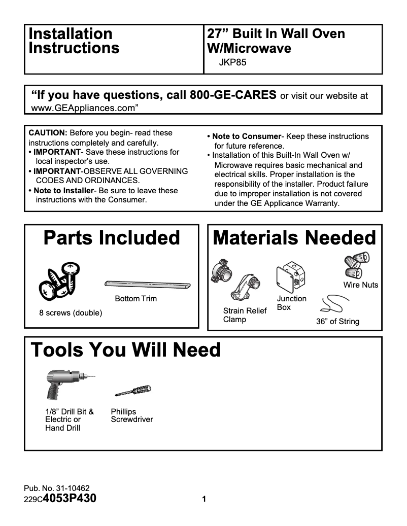 Page n°1 - Guide d'installation GE JKP85WAWW
