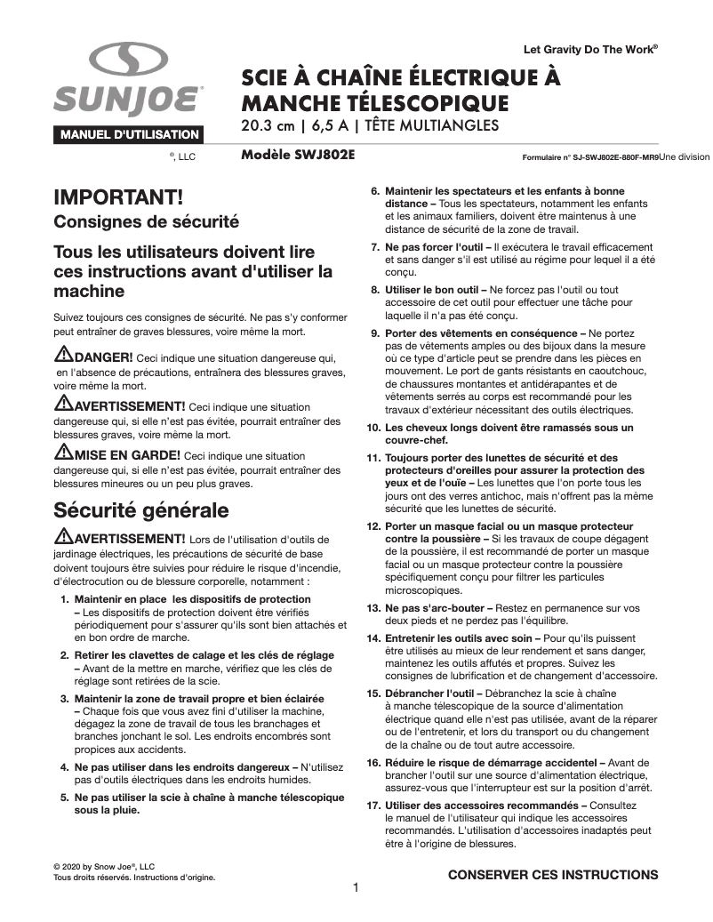 Page 1 de la notice Manuel utilisateur Sun Joe SWJ802E