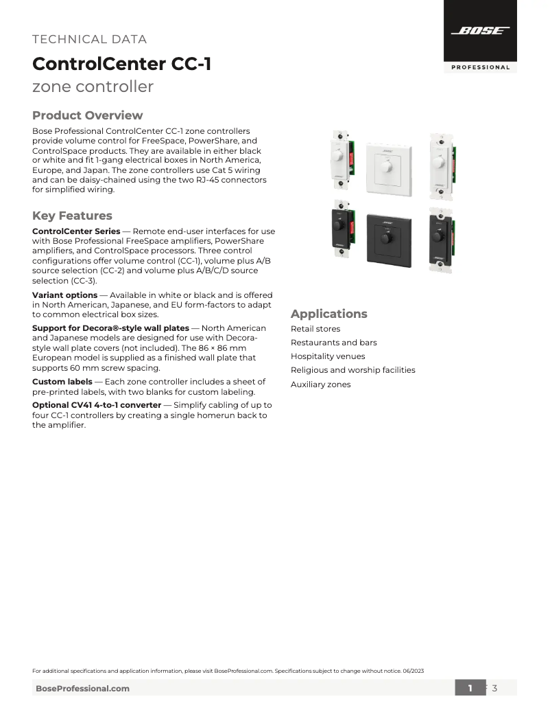 Page n°1 - Fiche technique Bose ControlCenter CC-1