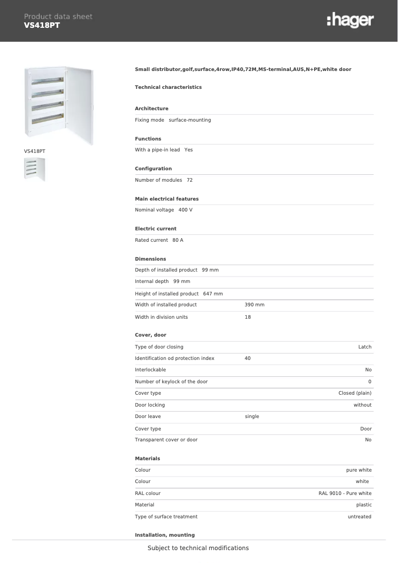 Page n°1 - Fiche technique Hager VS418PT