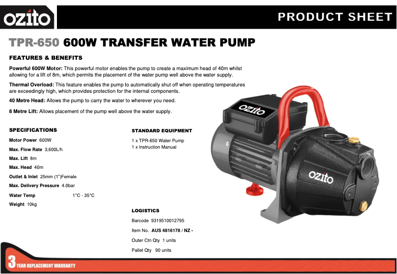 Página 1 del manual Ficha técnica Ozito TRP-650