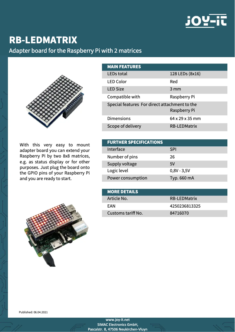 Page 1 de la notice Fiche technique Joy-It RB-LEDMatrix
