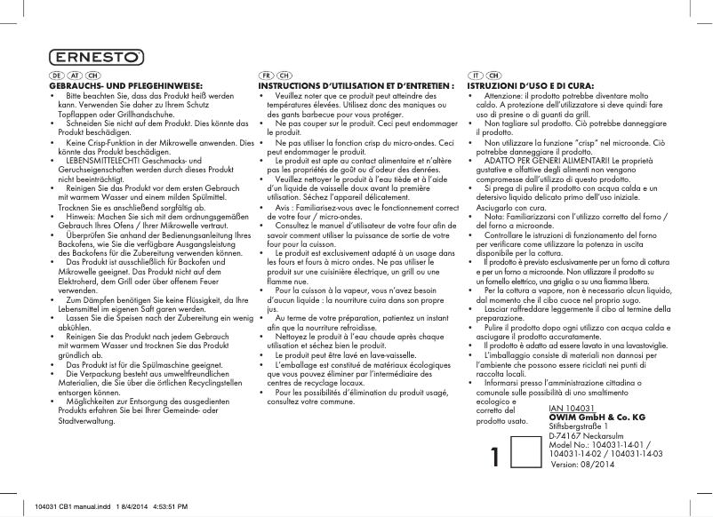 Page 1 de la notice Manuel utilisateur Ernesto IAN 104031