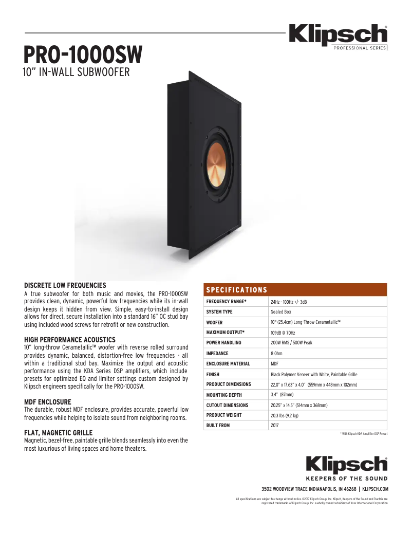 Page 1 de la notice Fiche technique Klipsch PRO-1000SW