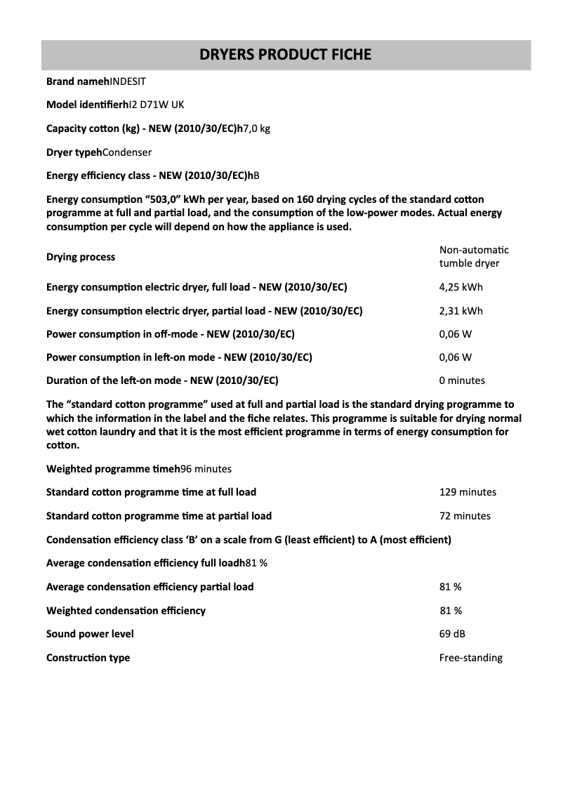 Page 1 de la notice Fiche technique Indesit I2 D71W UK