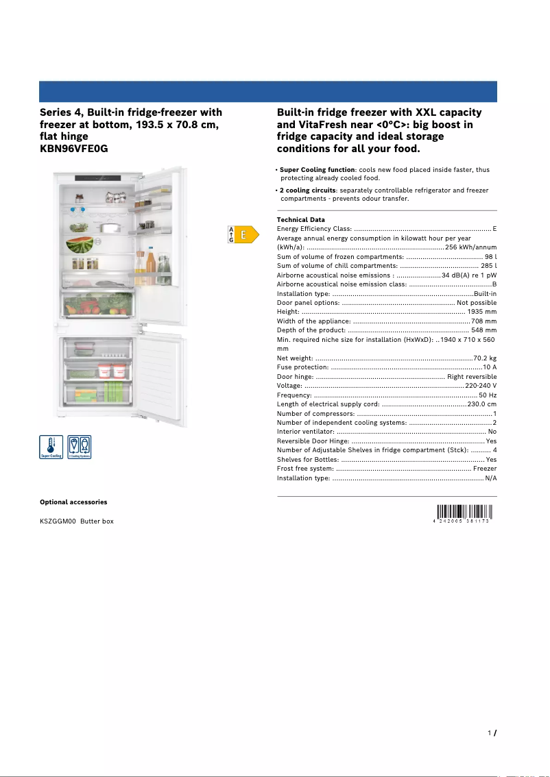 Page n°1 - Fiche technique Bosch KBN96VFE0G