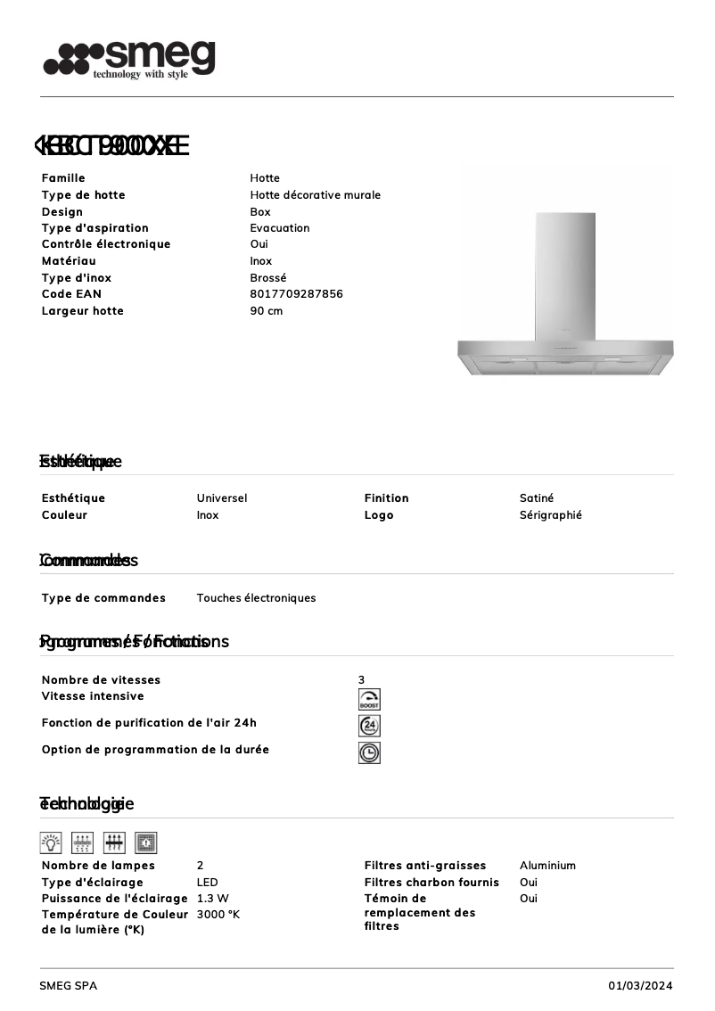 Page 1 de la notice Fiche technique Smeg KBCT900XE