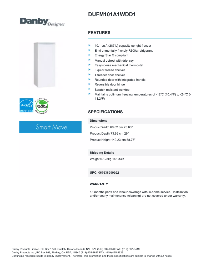 Page 1 de la notice Fiche technique Danby DUFM101A1