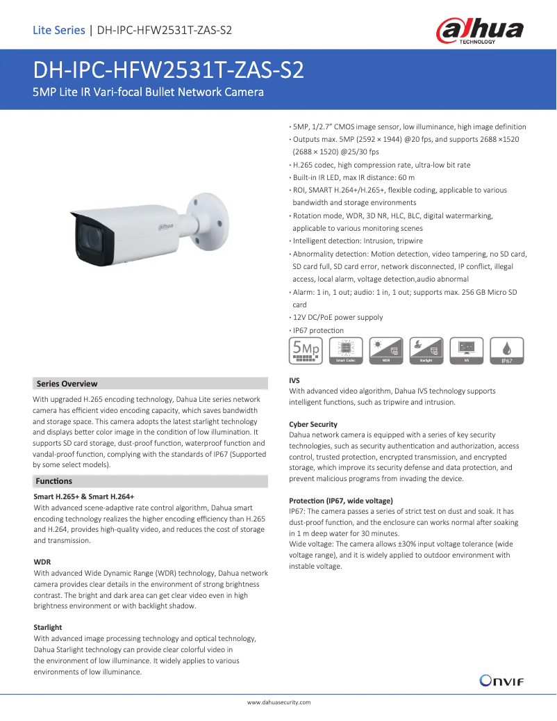 Page 1 de la notice Fiche technique Dahua Technology IPC-HFW2531T-ZAS-S2