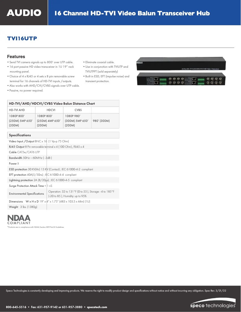 Page 1 de la notice Fiche technique Speco Technologies TVI16UTP