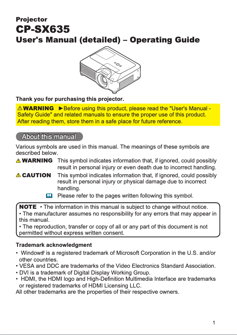 Page 1 de la notice Manuel utilisateur Hitachi CP-SX635