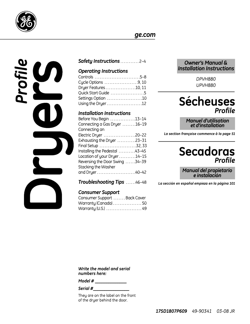 Page 1 de la notice Manuel utilisateur GE UPVH880EJWW