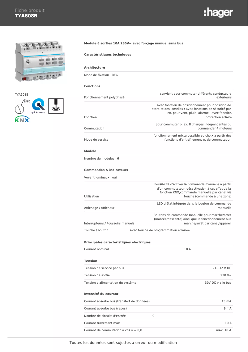Page 1 de la notice Fiche technique Hager TYA608B