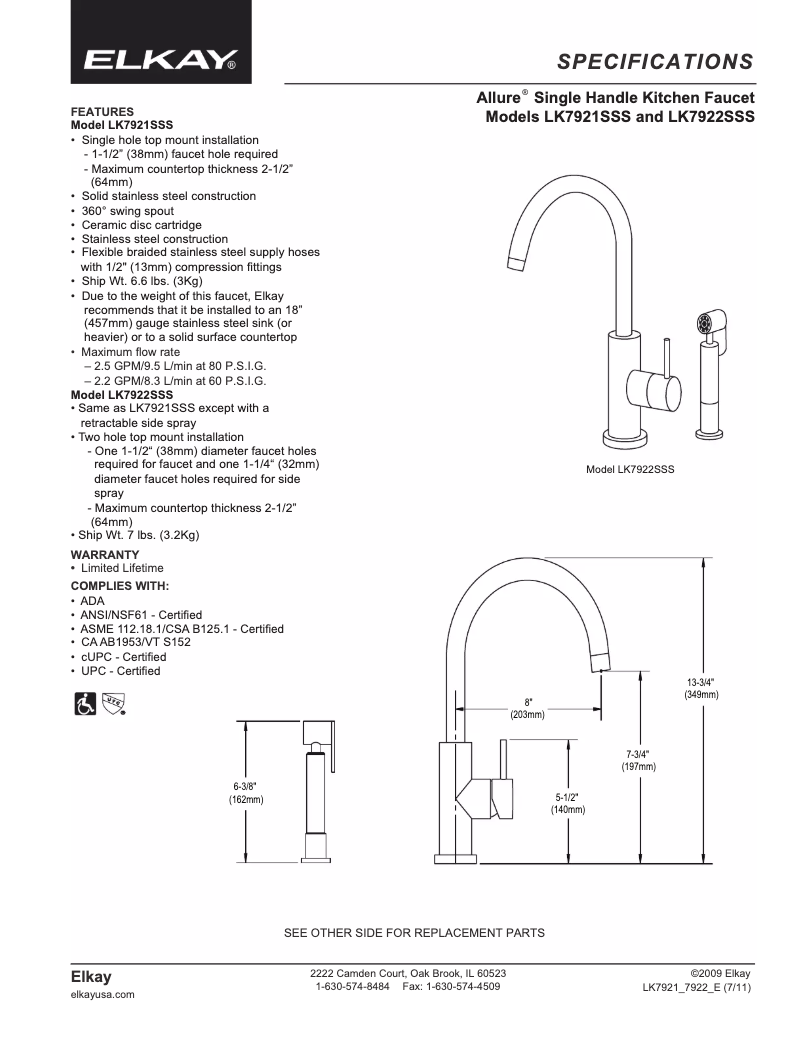 Página 1 del manual Ficha técnica Elkay LK7922SSS