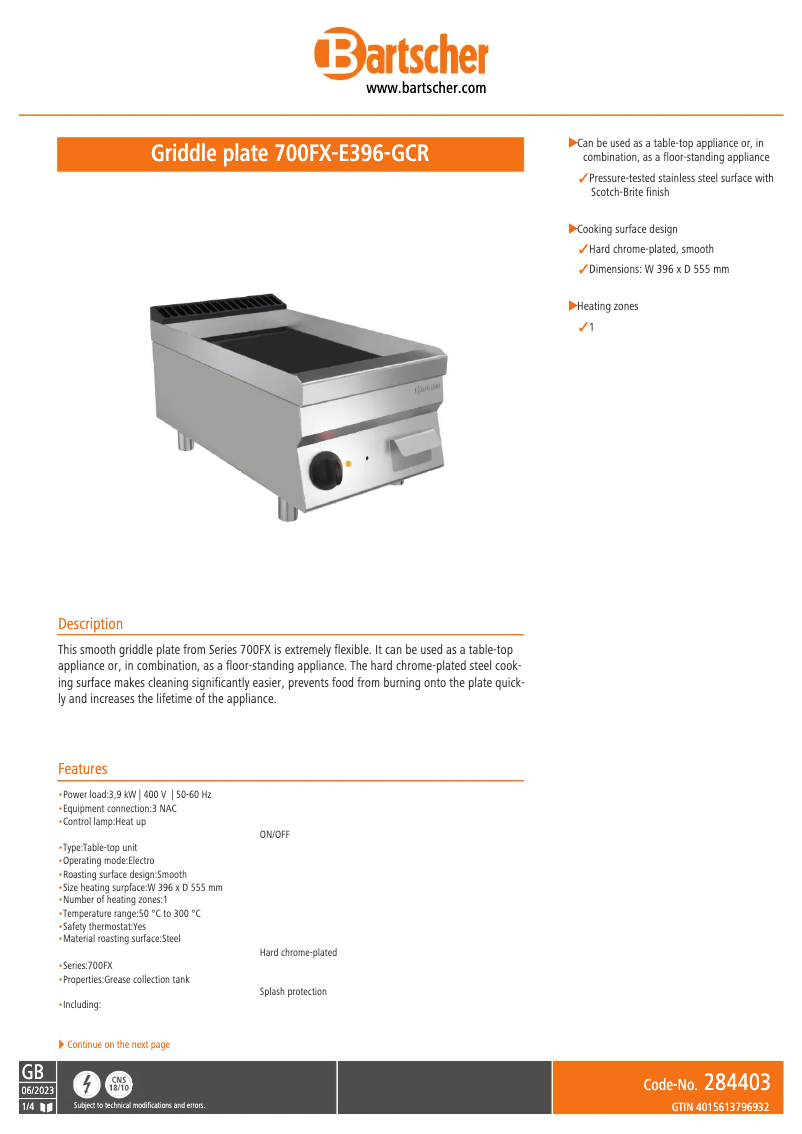 Page 1 de la notice Fiche technique Bartscher 700FX-E396-GCR