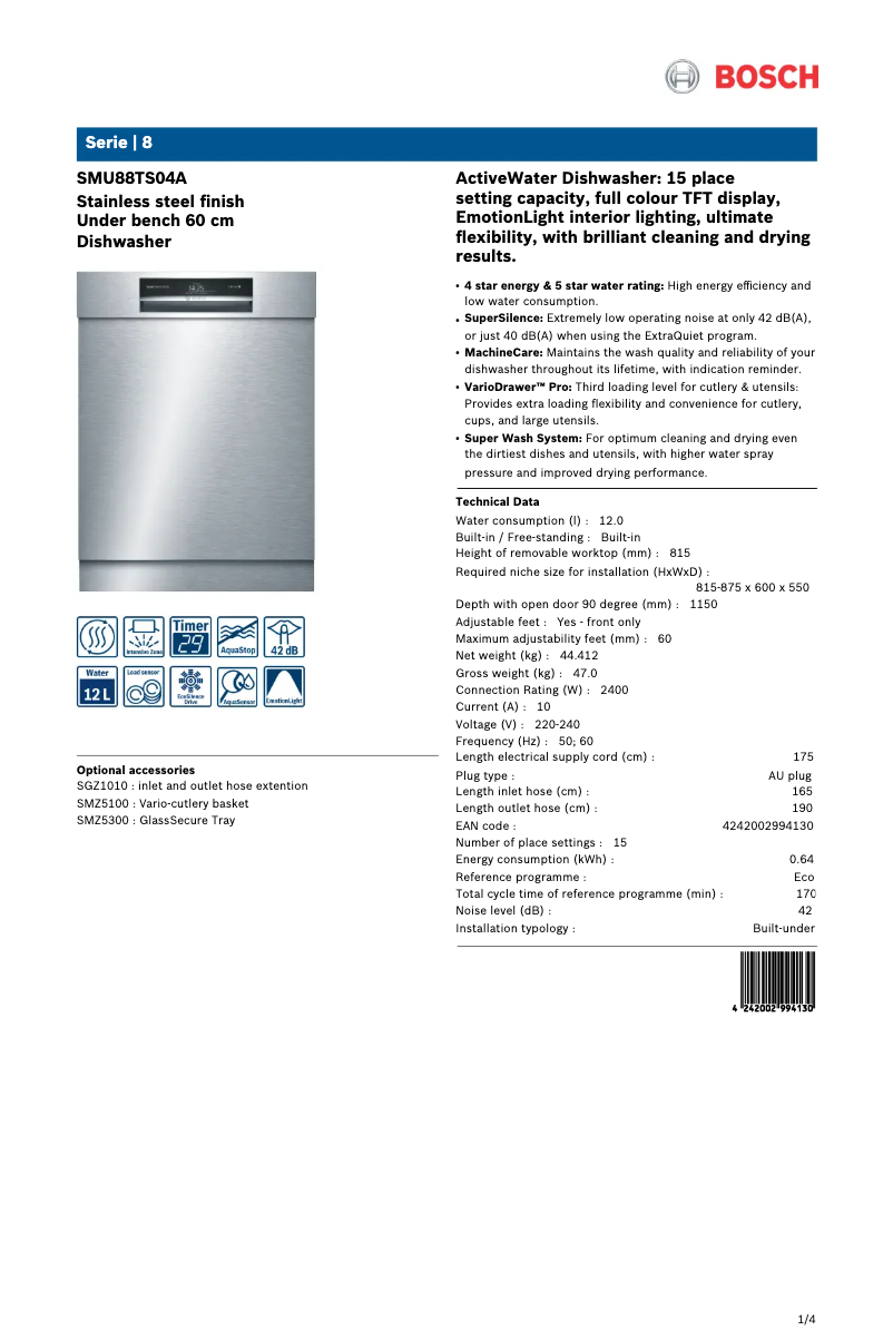 Page n°1 - Fiche technique Bosch SMU88TS04A