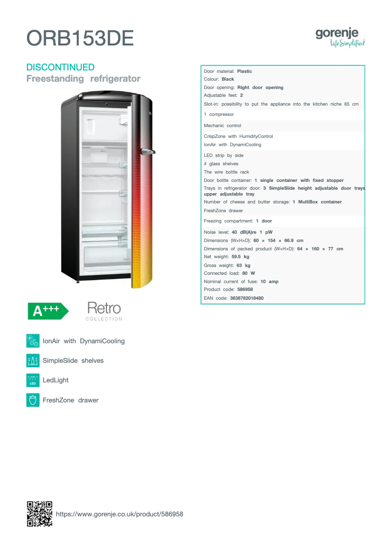 Page n°1 - Fiche technique Gorenje ORB153DE