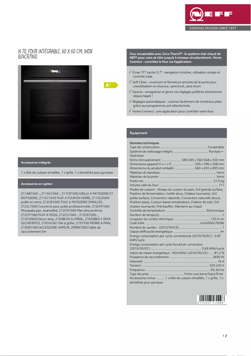 Page 1 de la notice Fiche technique Neff B24CR71N0