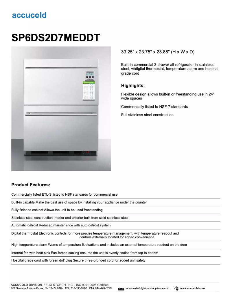 Page 1 de la notice Fiche technique Summit Accucold SP6DS2D7MEDDT