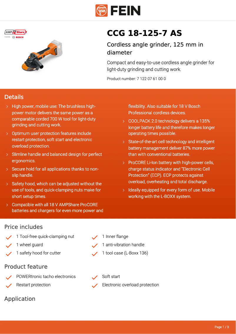 Page 1 de la notice Fiche technique Fein CCG 18-125-7 AS