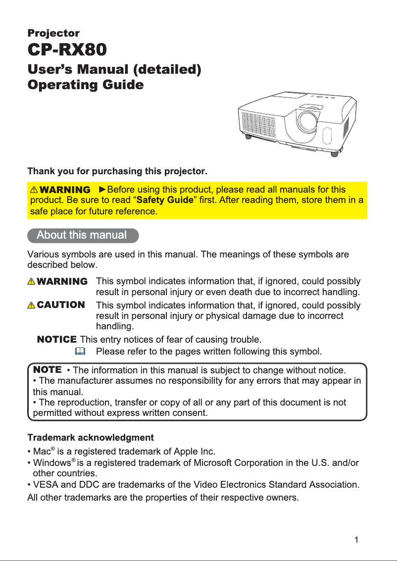 Page n°1 - Manuel utilisateur Hitachi CP-RX80EF