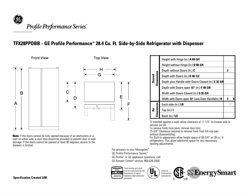 Página 1 del manual Ficha técnica GE Profile Performance TFX28PPDBB