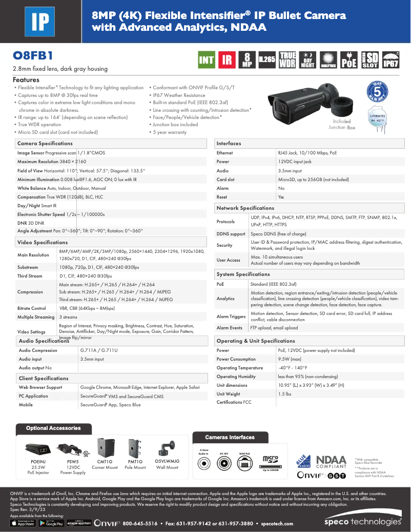 Page 1 de la notice Fiche technique Speco Technologies O8FB1