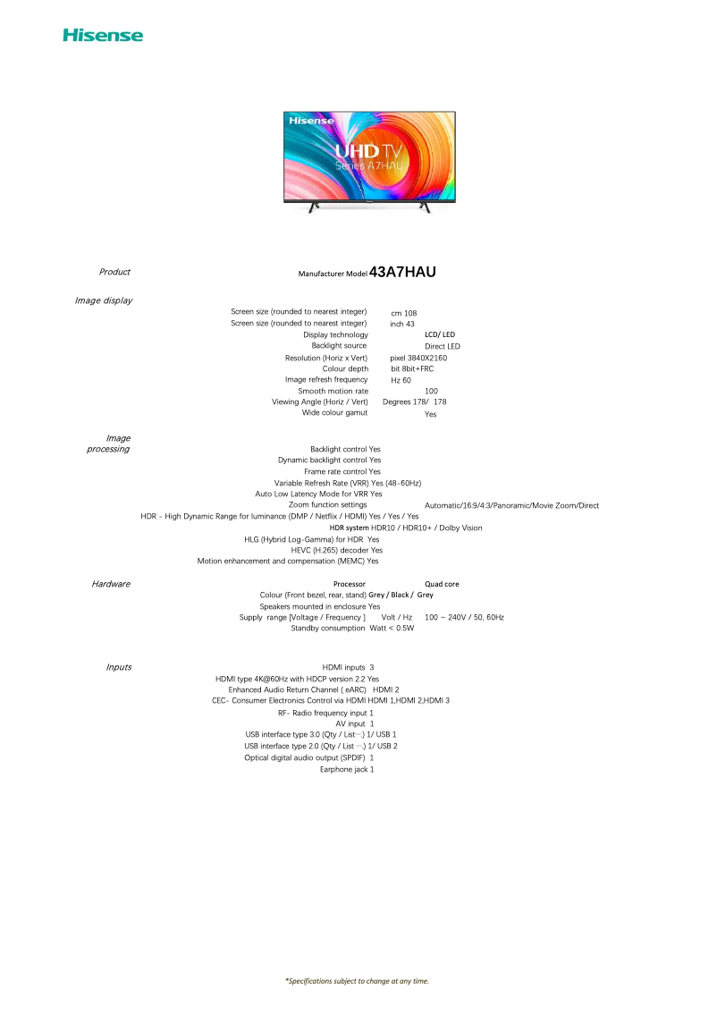 Page 1 de la notice Fiche technique Hisense 43A7HAU