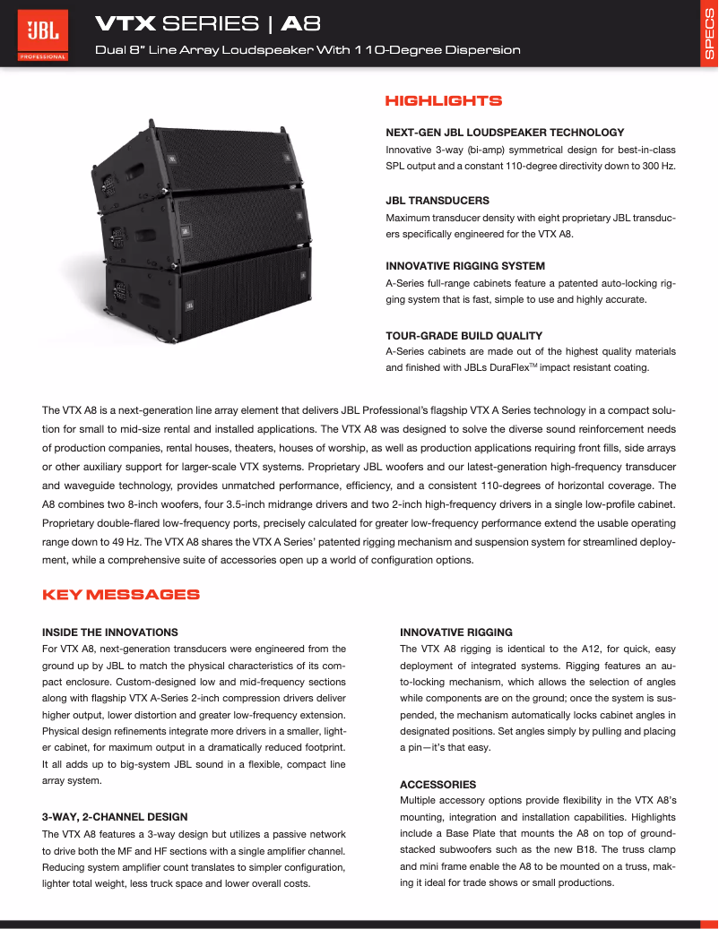 Page 1 de la notice Fiche technique JBL VTX A8