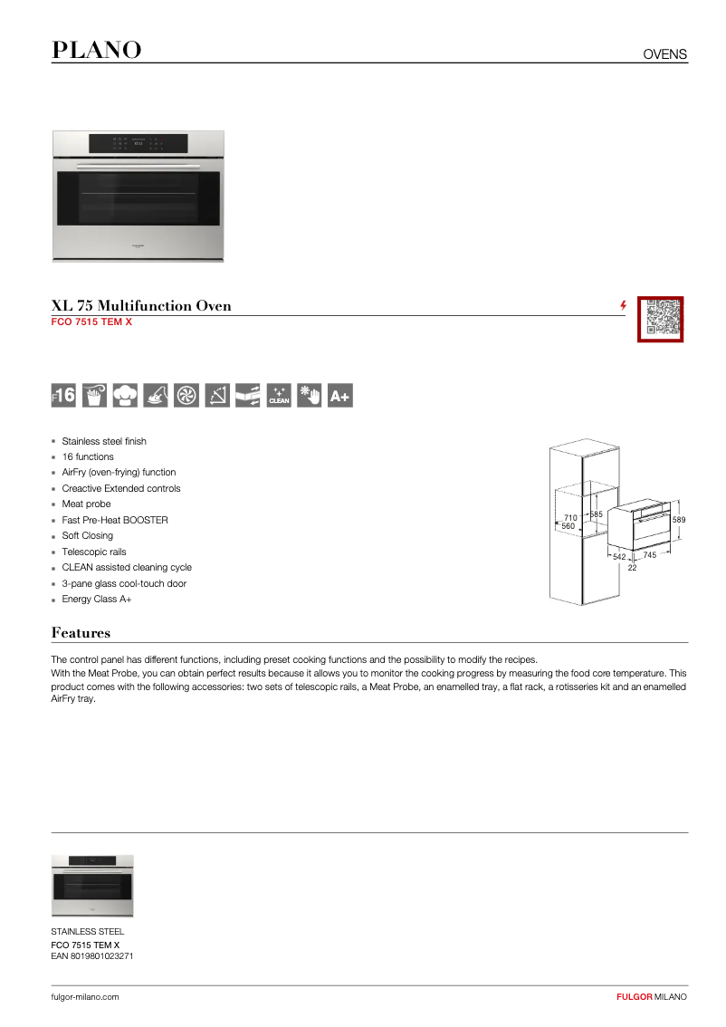 Page 1 de la notice Fiche technique Fulgor Milano FCO 7515 TEM X
