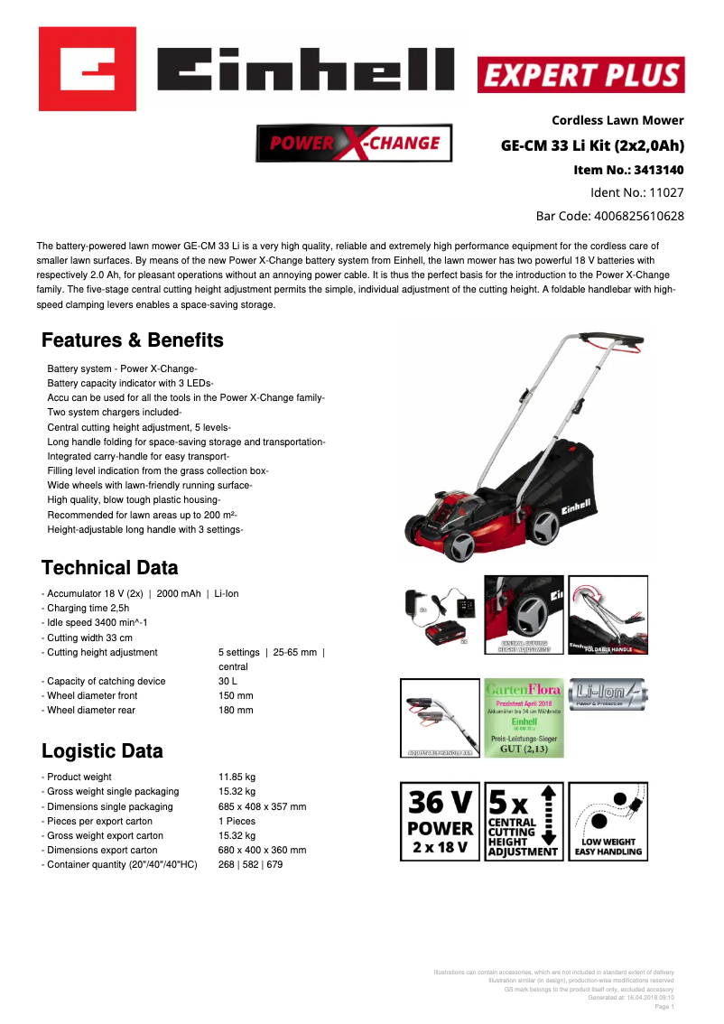 Page n°1 - Fiche technique Einhell GE-CM 33 Li