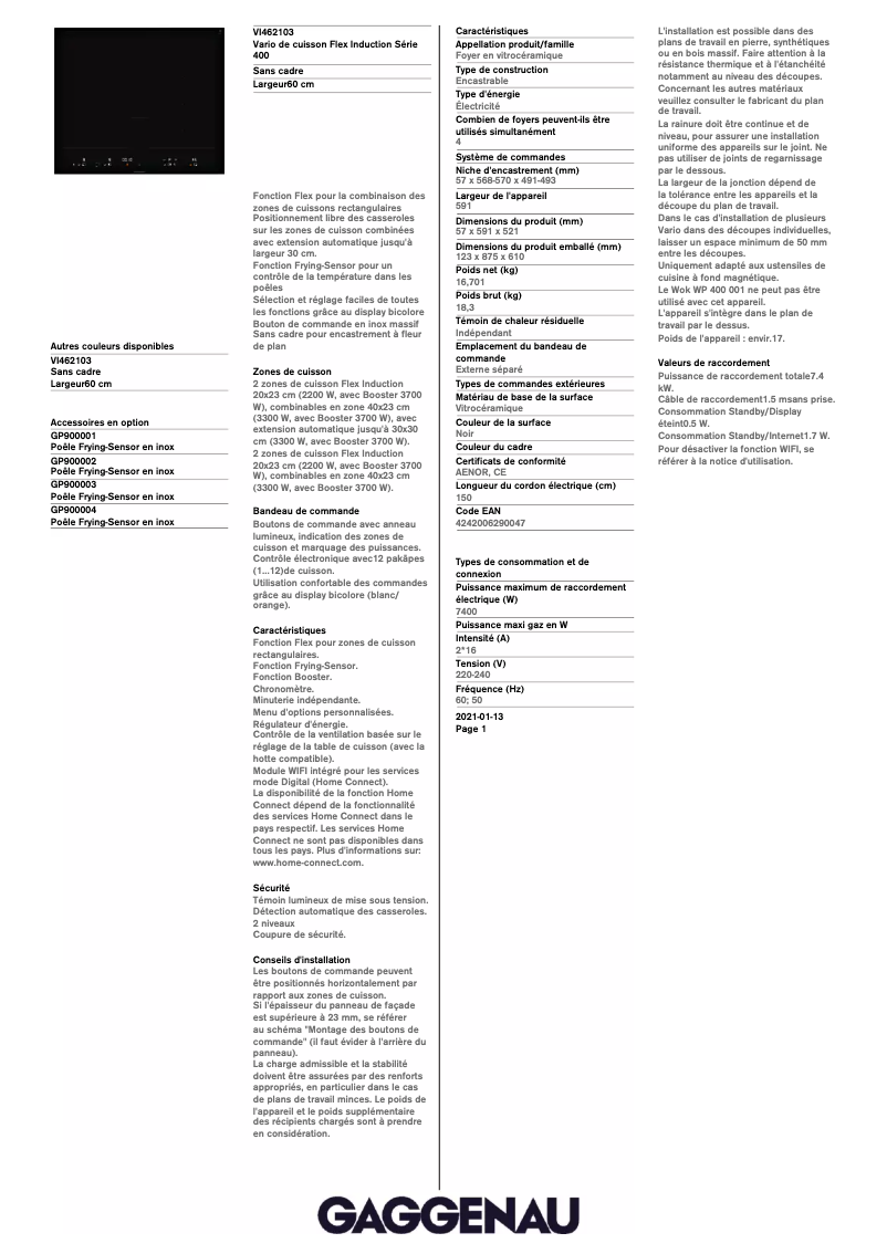Página 1 del manual Ficha técnica Gaggenau VI462103