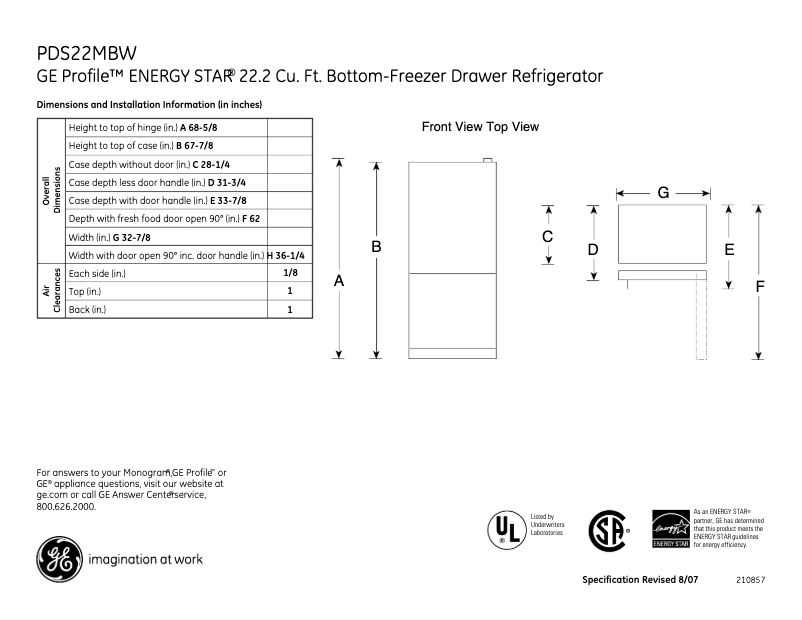 Page n°1 - Fiche technique GE Profile PDS22MBWBB