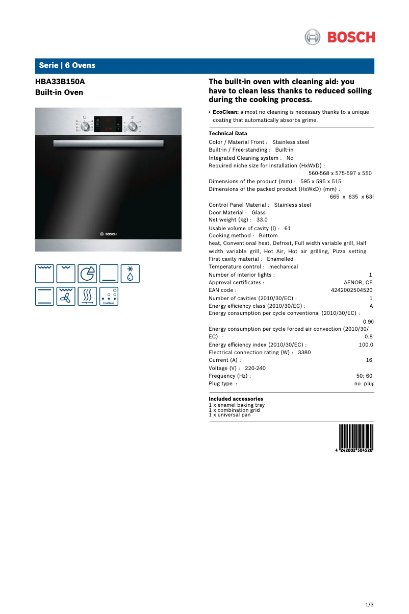 Page 1 de la notice Fiche technique Bosch HBA33B150A