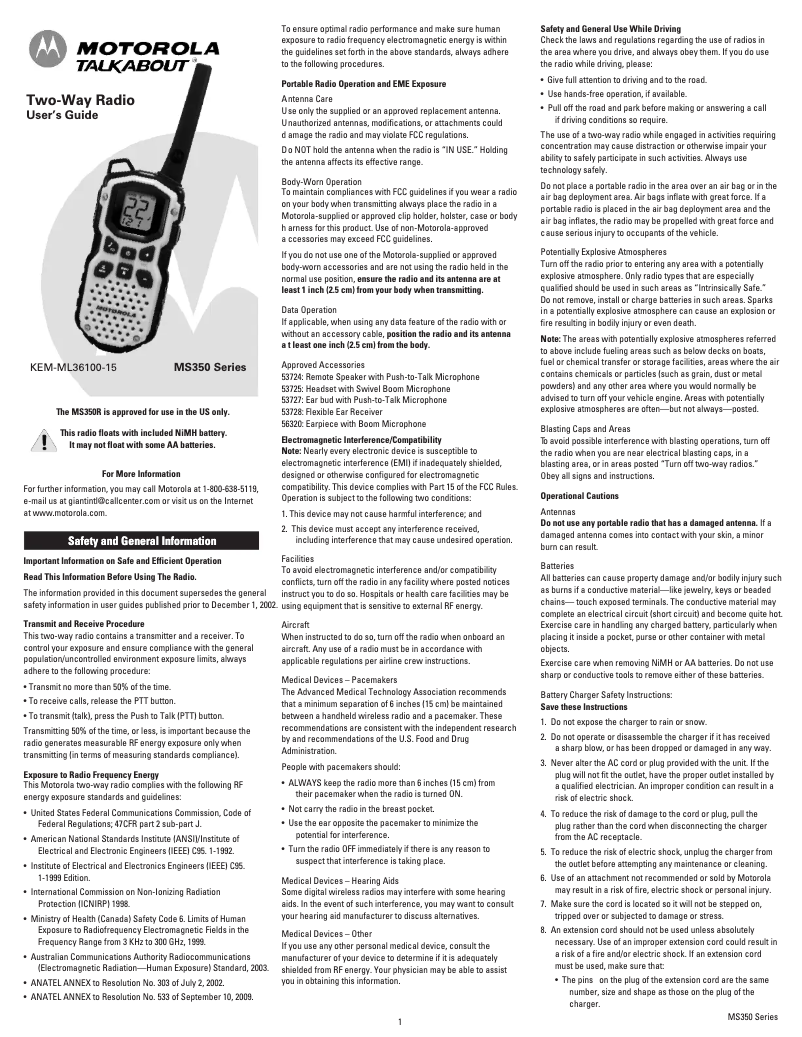 Page 1 de la notice Manuel utilisateur Motorola MS350R