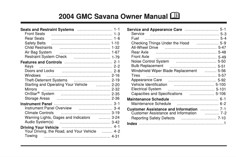 Page 1 de la notice Manuel utilisateur GMC Savana Passenger (2004)