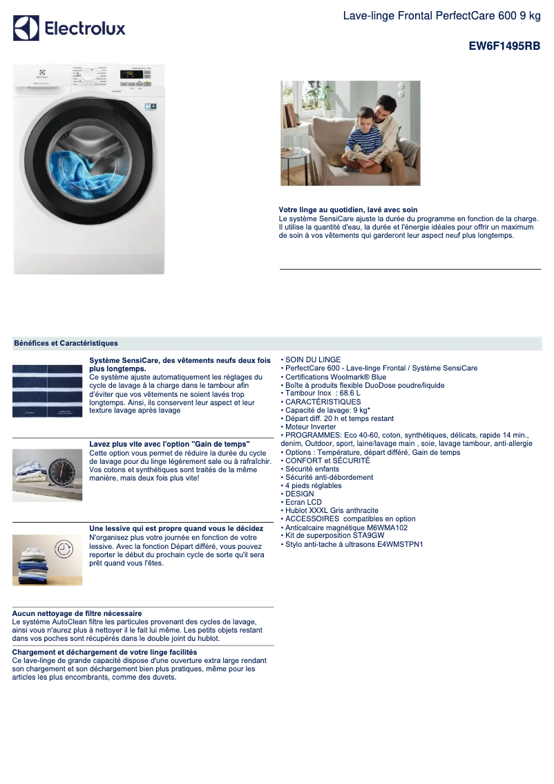 Page 1 de la notice Fiche technique Electrolux EW6F1495RB