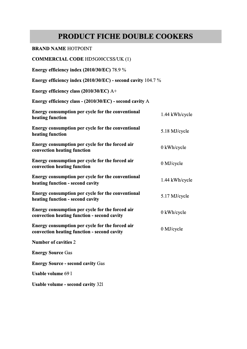 Page 1 de la notice Fiche technique Hotpoint HD5G00CCSS/UK
