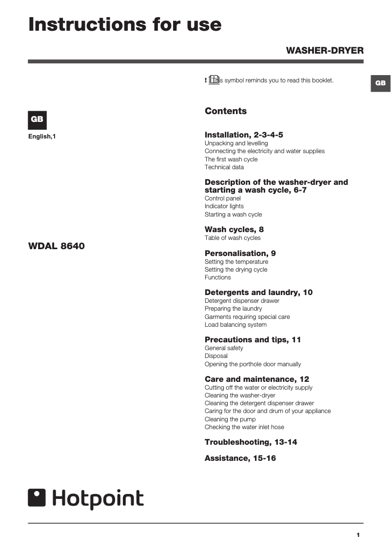 Page 1 de la notice Manuel utilisateur Hotpoint WDAL 8640G UK