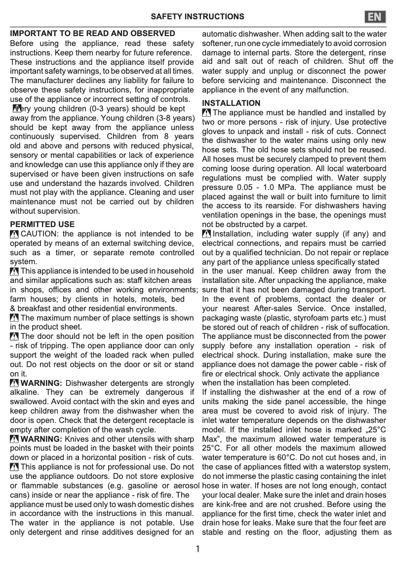 Page 1 de la notice Instructions de sécurité Whirlpool WFE 2B19 X UK N