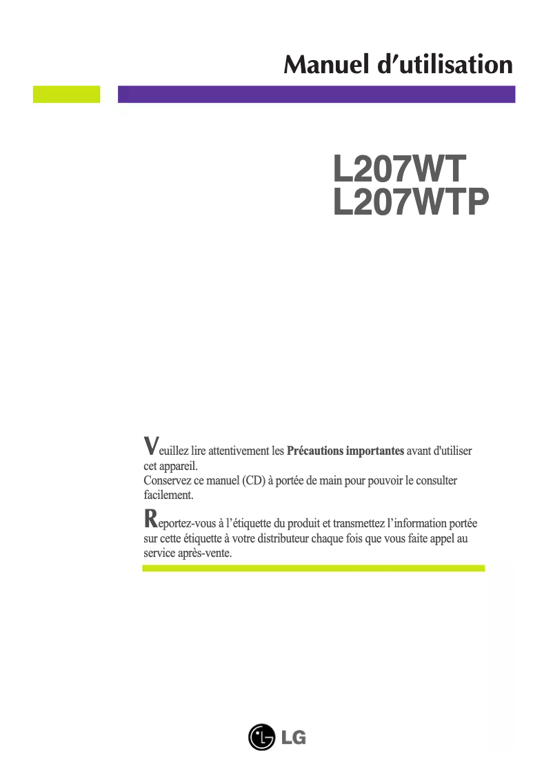 Image de la première page du manuel de l'appareil L207WTP-PF