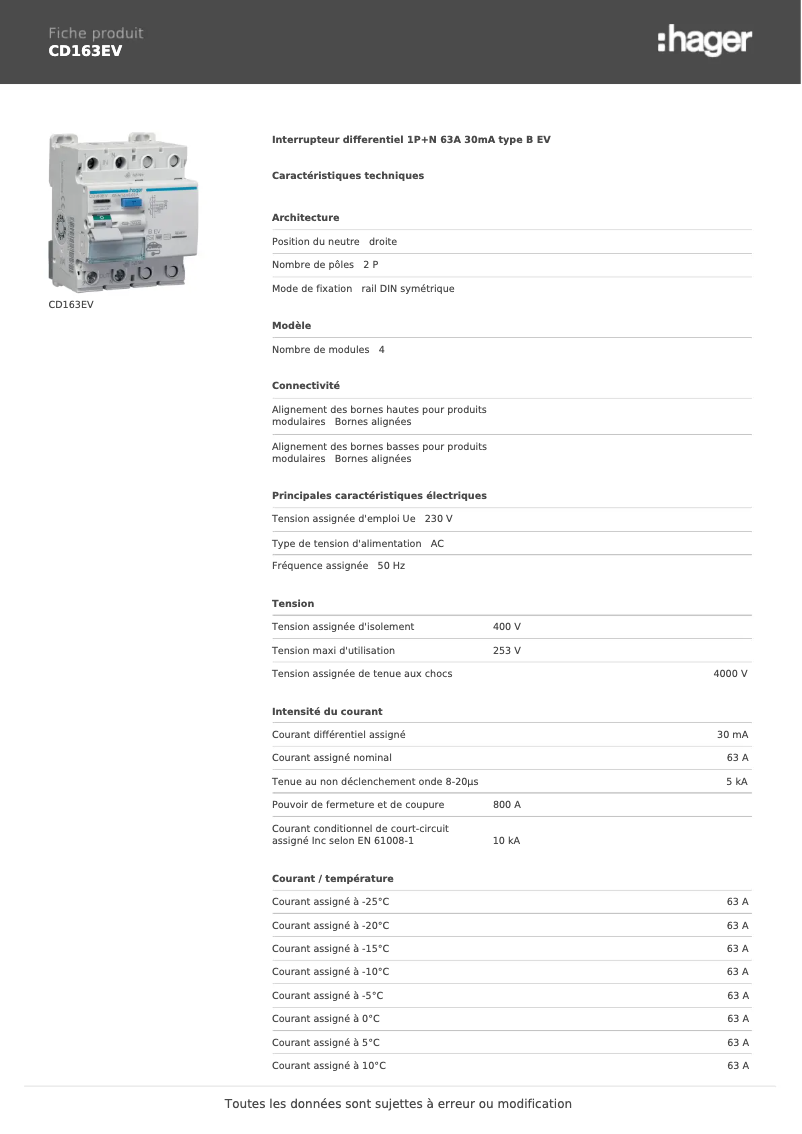 Page n°1 - Fiche technique Hager CD163EV