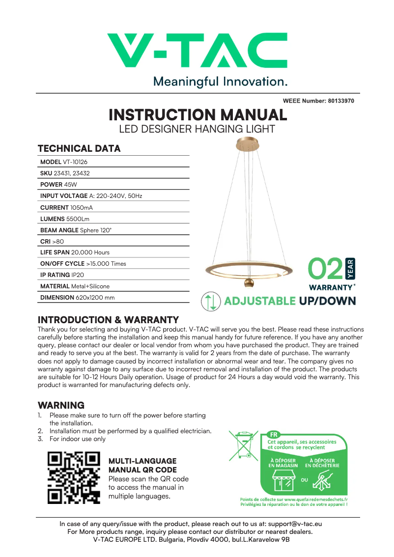 Page 1 de la notice Manuel utilisateur V-TAC VT-10126