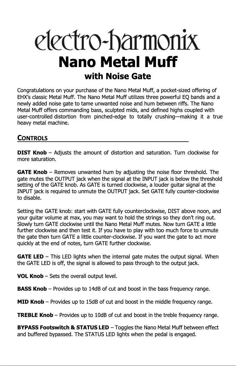 Page 1 de la notice Manuel utilisateur Electro Harmonix Nano Metal Muff