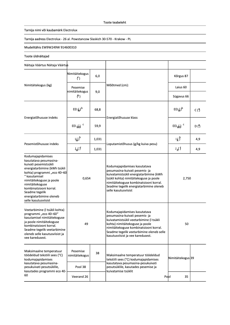 Page n°1 - Fiche technique Electrolux EW9W249W