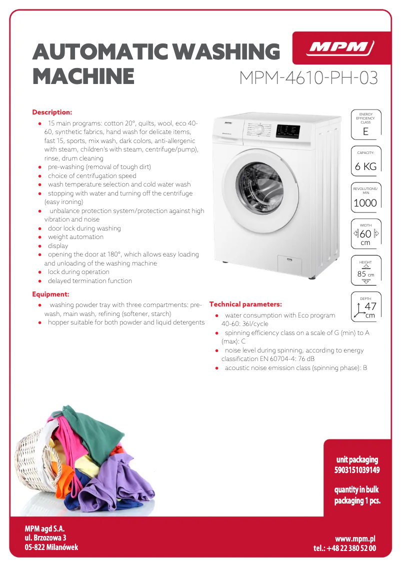 Page 1 de la notice Fiche technique MPM MPM-4610-PH-03