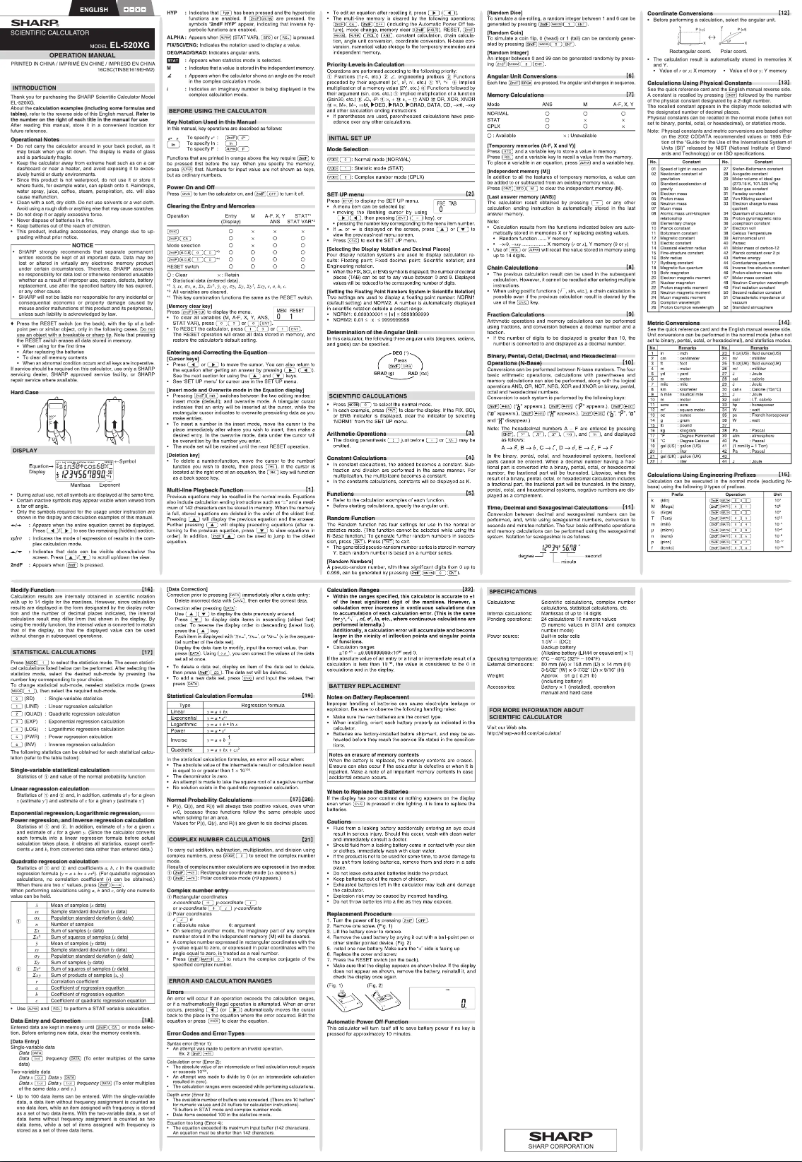 Page 1 de la notice Manuel utilisateur Sharp EL-520XG