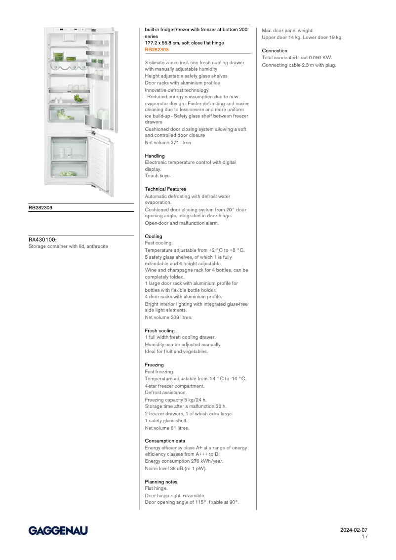 Page n°1 - Fiche technique Gaggenau RB282303